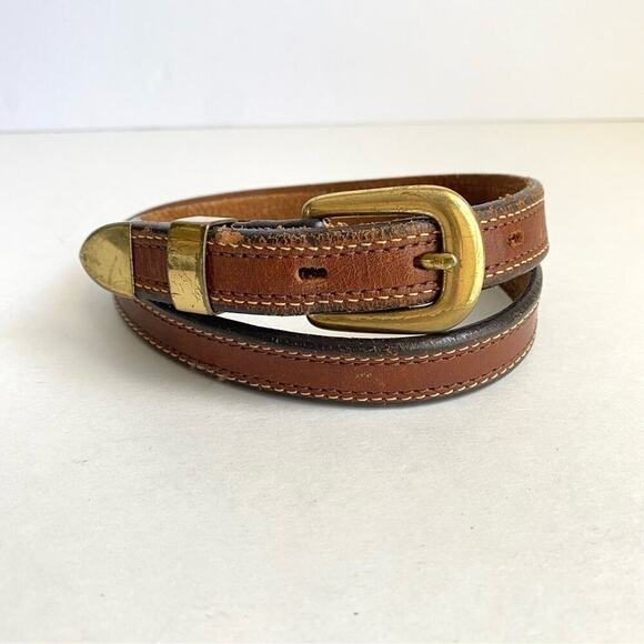 Vintage 80s Jordache Brown Leather Skinny Belt Brass Tone Buckle Womens 28 Small - Picture 3 of 12